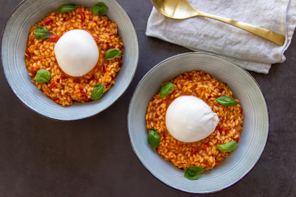 Tomatenrisotto met gegrilde paprika en burrata