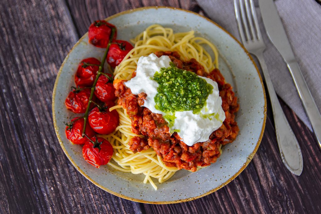 Vegetarische pasta bolognese met linzen